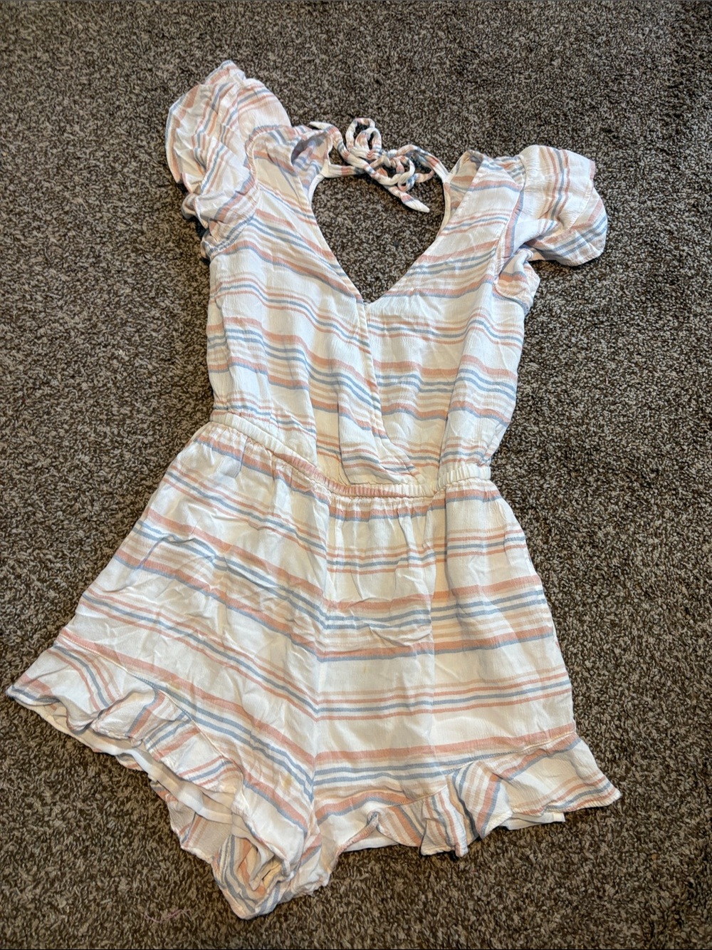American Eagle Outfitters Striped Tie-Back Romper in White, Peach & Light Blue